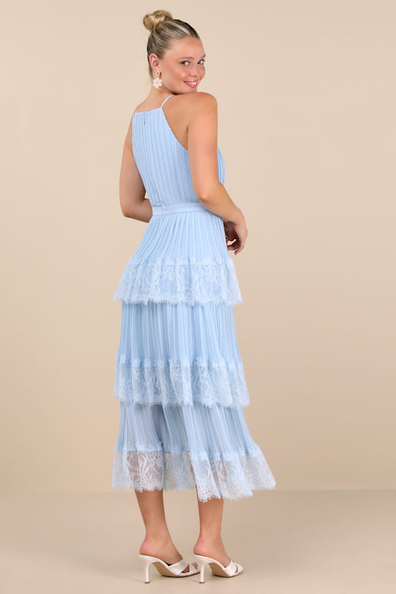 Came For Cocktails Light Blue Pleated Tiered Lace Maxi Dress