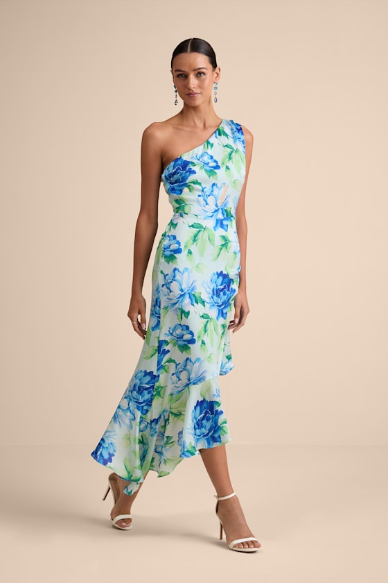 Divinely Blooming Pink Multi Floral One-Shoulder Midi Dress #Color_Lime Multi Floral