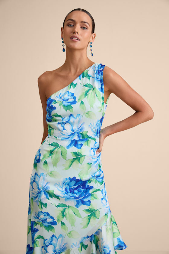 Divinely Blooming Pink Multi Floral One-Shoulder Midi Dress
