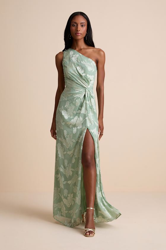 Renni Sage Green Floral Jacquard One-Shoulder Maxi Dress #Color_Sage Green