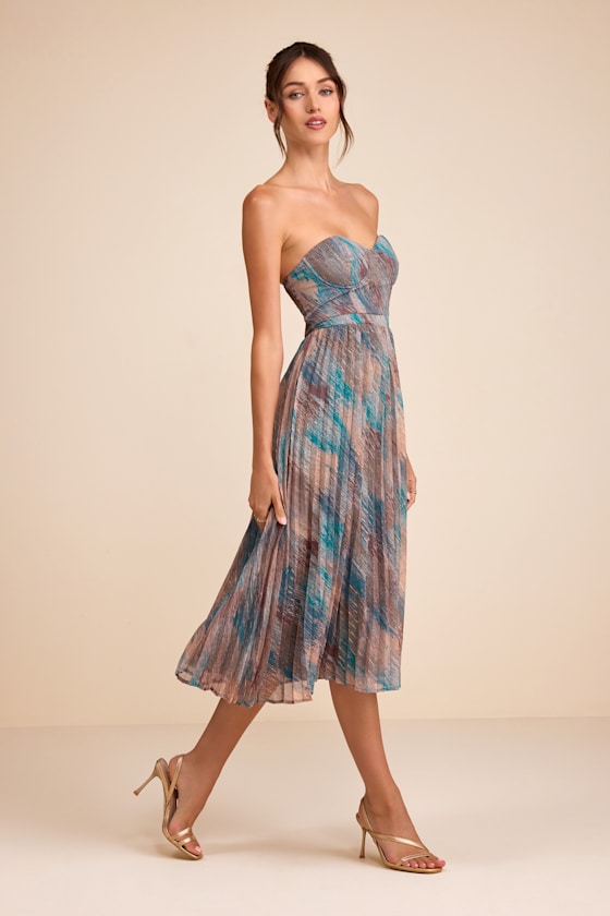Juniva Teal Multi Abstract Print Pleated Bustier Midi Dress #Color_Teal Multi Abstract Print