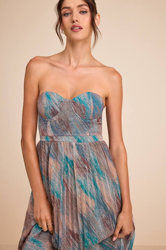 Juniva Teal Multi Abstract Print Pleated Bustier Midi Dress #Color_Teal Multi Abstract Print