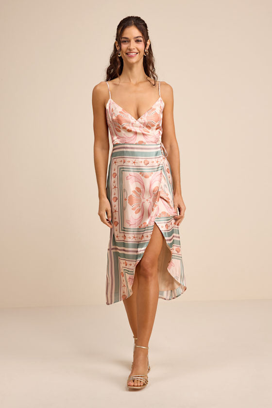 Bensley Beige Multi Boho Print Satin Wrap Midi Dress #Color_Beige Multi Boho Print