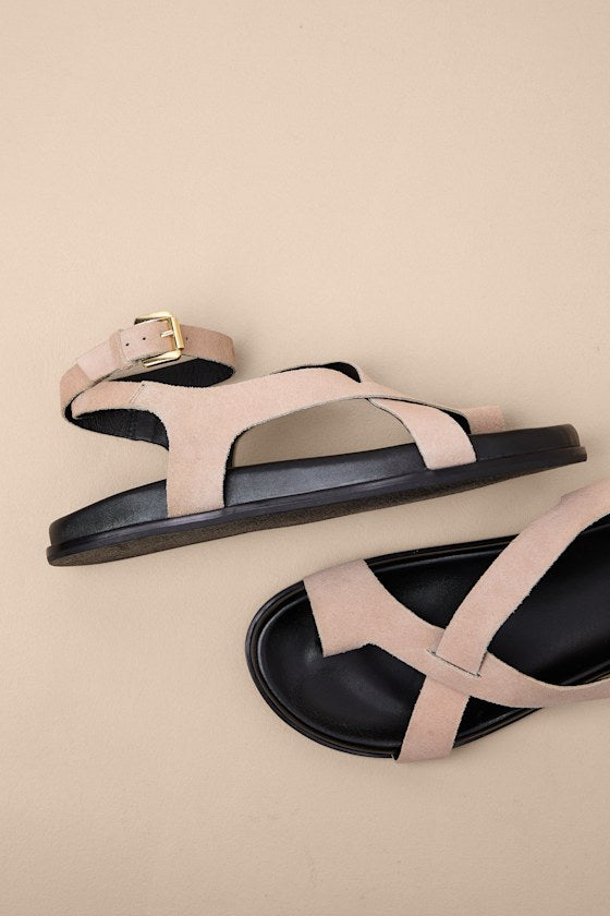 Fritz Beige Suede Leather Strappy Flat Sandals
