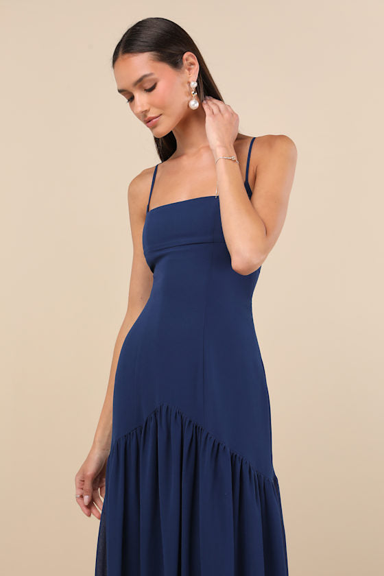 Auria Navy Blue Chiffon Drop Waist Maxi Dress #Color_Navy Blue