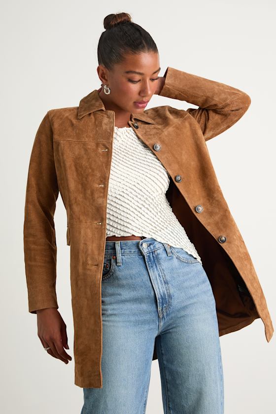 Vessa Brown Suede Collared Trench Coat