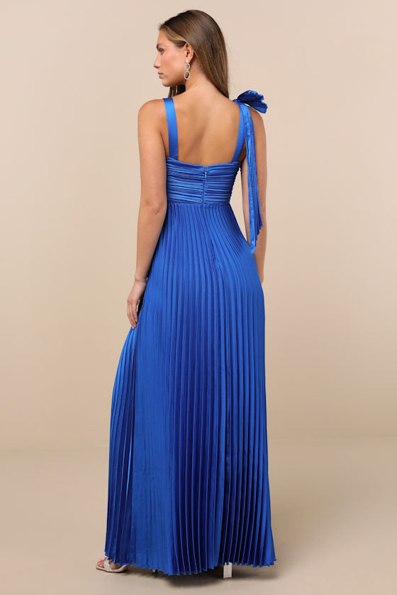 Gorgeous Purpose Slate Satin Pleated Sleeveless Bow Maxi Dress