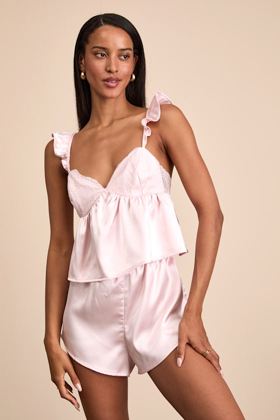 Keona Ivory Satin Lace Ruffled Two-Piece Pajama Set #Color_Light Pink