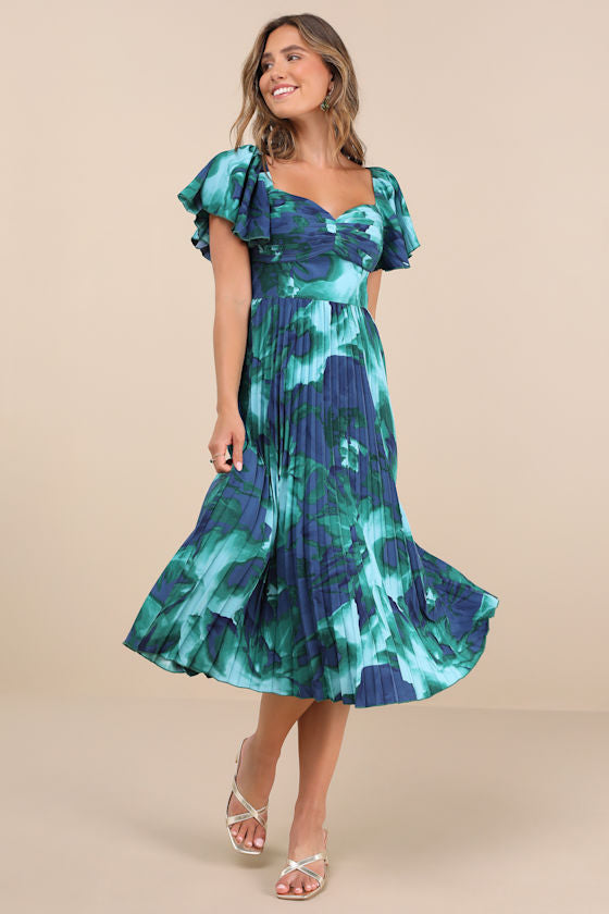 Authentically Yours Teal Multi Abstract Print Satin Midi Dress #Color_Teal Multi Abstract Print