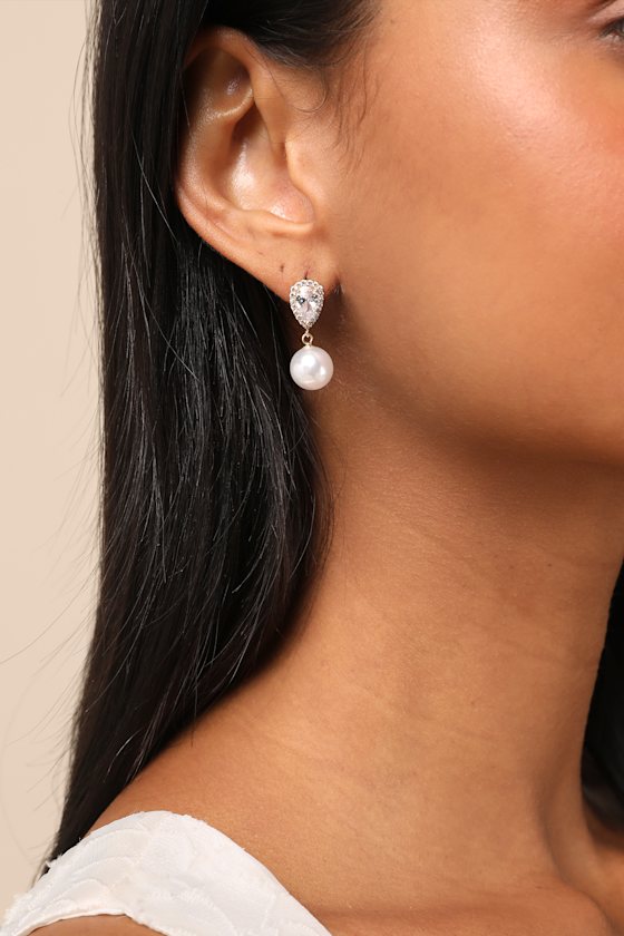 Miona Gold and White Pearl Rhinestone Drop Earrings #Color_Gold