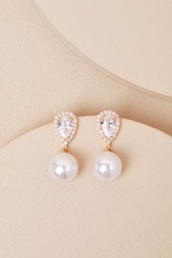 Miona Gold and White Pearl Rhinestone Drop Earrings #Color_Gold