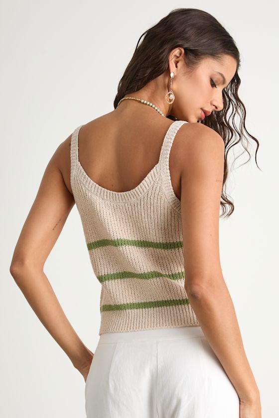 Effortless Sunshine Beige and Coral Striped Sweater Tank Top