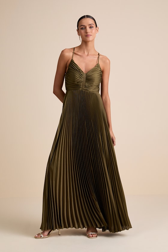 Dreaming in Color Coral V-Neck Pleated Satin Maxi Dress #Color_Olive Green