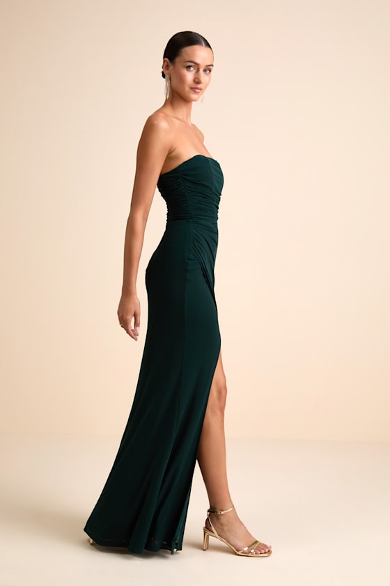 Epitome of Allure Purple Mesh Strapless Ruched Maxi Dress #Color_Emerald Green