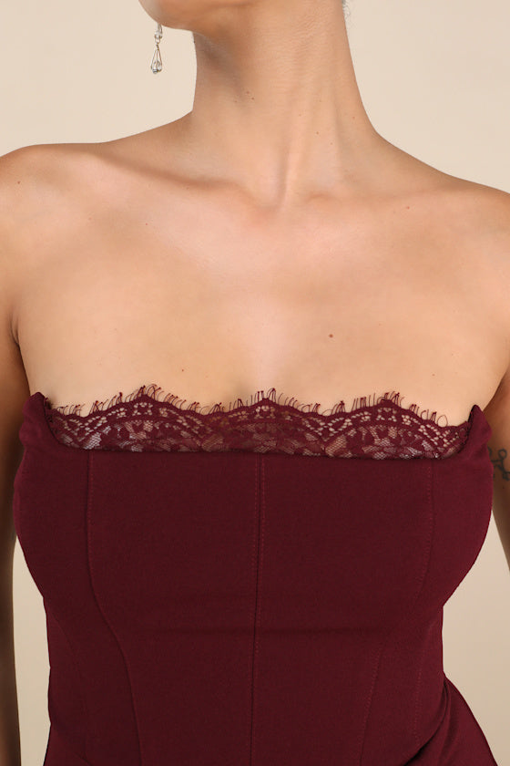 Memorably Iconic Red Strapless Lace Bustier Maxi Dress