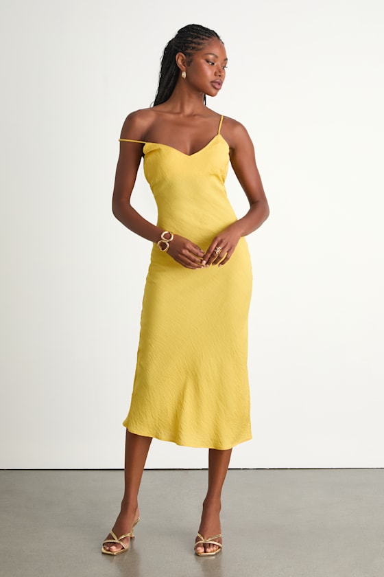 Tamia Yellow Textured Sleeveless Midi Slip Dress