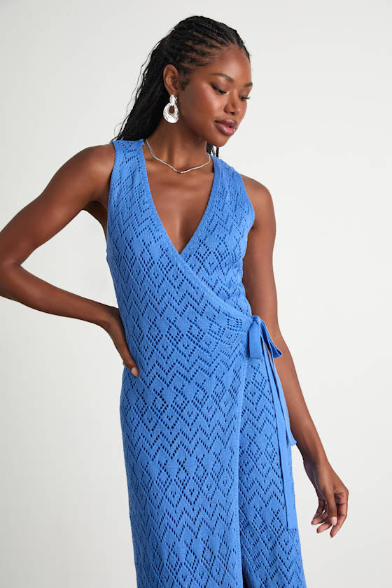 Livia Blue Pointelle Knit Wrap Midi Dress #Color_Blue