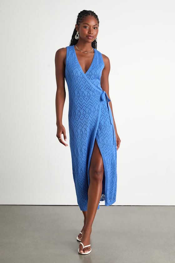 Livia Blue Pointelle Knit Wrap Midi Dress #Color_Blue