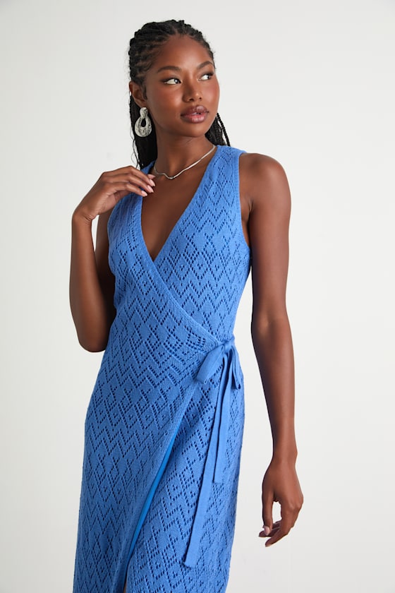 Livia Blue Pointelle Knit Wrap Midi Dress