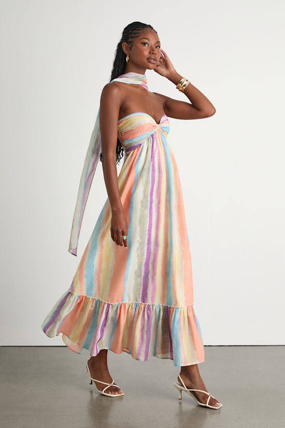 Kelia Light Yellow Leaf Print Midi Dress and Scarf Set