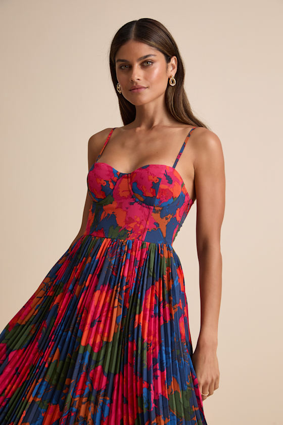 Dorothy Light Blue Multi Floral Print Pleated Midi Dress #Color_Dark Blue Multi Floral Print