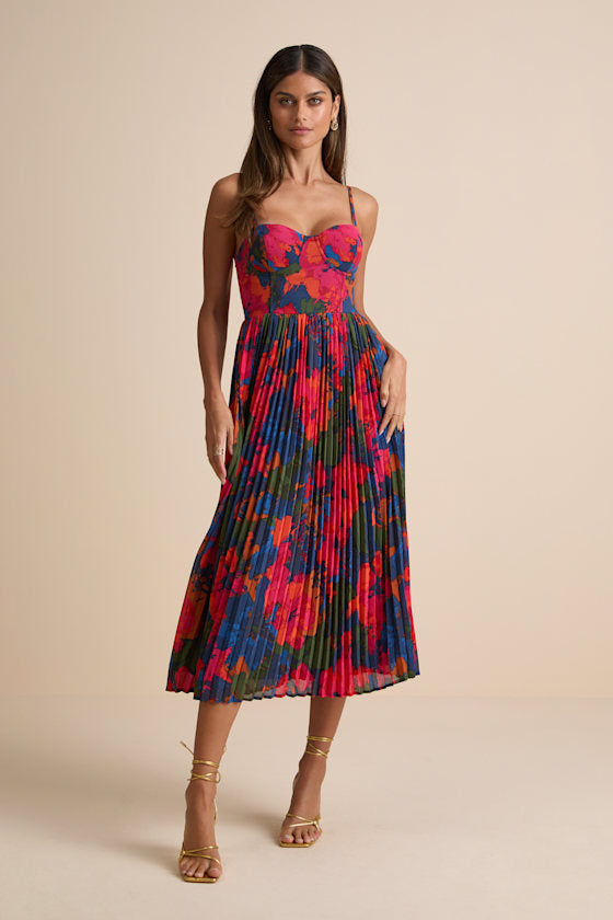 Dorothy Light Blue Multi Floral Print Pleated Midi Dress