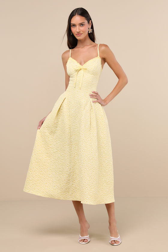 Ninetta Light Yellow Floral Jacquard Lace-Up Midi Dress #Color_Light Yellow
