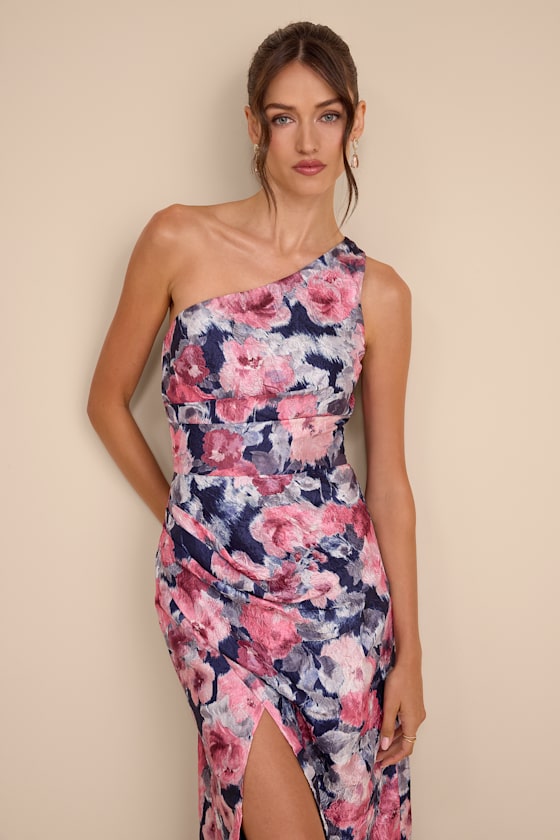 Jemmilah Navy Floral Textured One-Shoulder Midi Dress #Color_Navy Floral