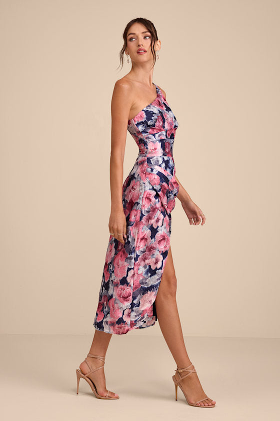 Jemmilah Navy Floral Textured One-Shoulder Midi Dress #Color_Navy Floral