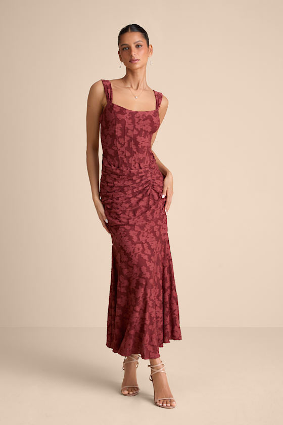 Celeste Yellow Floral Burnout Bustier Maxi Dress #Color_Rust