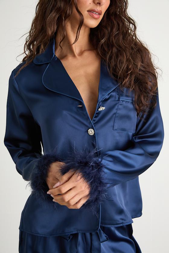 Dreamiest Delight White Satin Feather Two-Piece Pajama Set