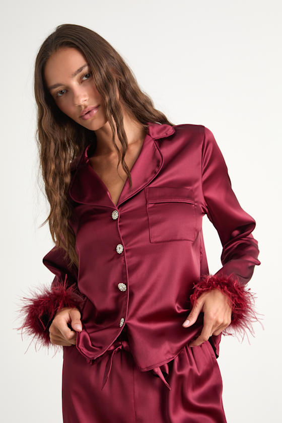 Dreamiest Delight White Satin Feather Two-Piece Pajama Set