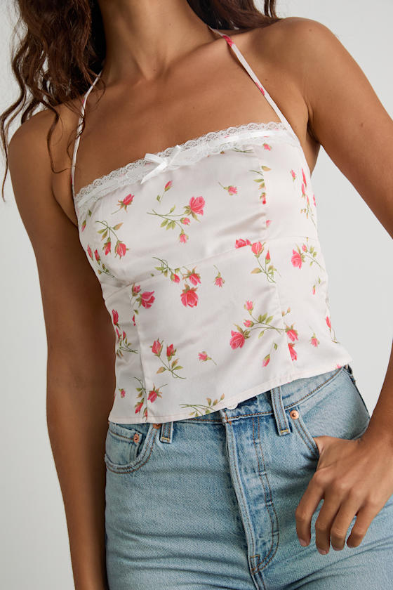 Demi Mauve Floral Satin Halter Cami Top