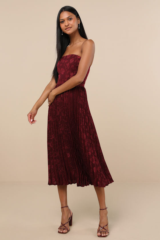 Perfectly Stunning Burgundy Jacquard Strapless Midi Dress #Color_Burgundy