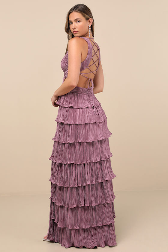 Beauty Icon Lavender Satin Pleated Tiered Lace-Up Maxi Dress #Color_Dusty Purple