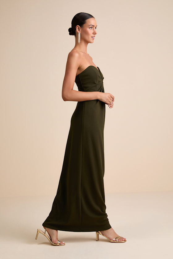 Thula Dark Olive Cutout U-Bar Column Maxi Dress #Color_Dark Olive