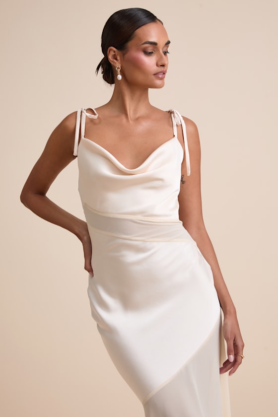 Enara Cream Satin Mesh Tie-Strap Asymmetrical Midi Dress #Color_Cream