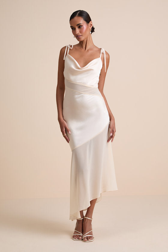 Enara Cream Satin Mesh Tie-Strap Asymmetrical Midi Dress #Color_Cream