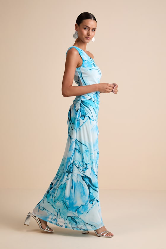 Jojo Light Blue Marbled Ruched One-Shoulder Maxi Dress #Color_Light Blue Marbled