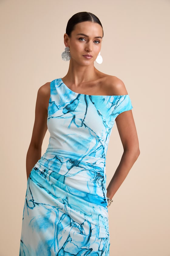 Jojo Light Blue Marbled Ruched One-Shoulder Maxi Dress #Color_Light Blue Marbled