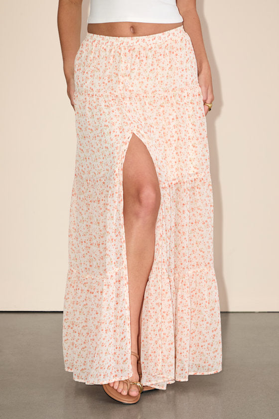 Subtle Sweetness Cream Floral Print Tiered Maxi Skirt