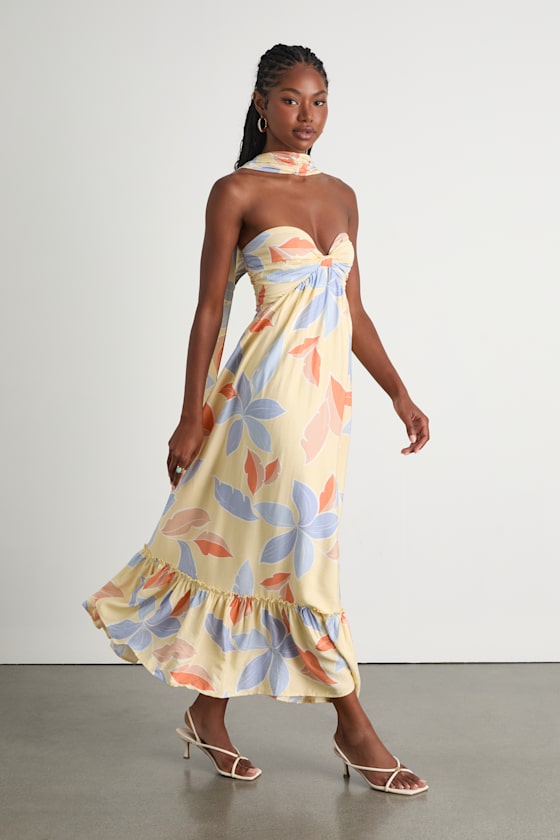 Kelia Peach Multi Striped Midi Dress and Scarf Set