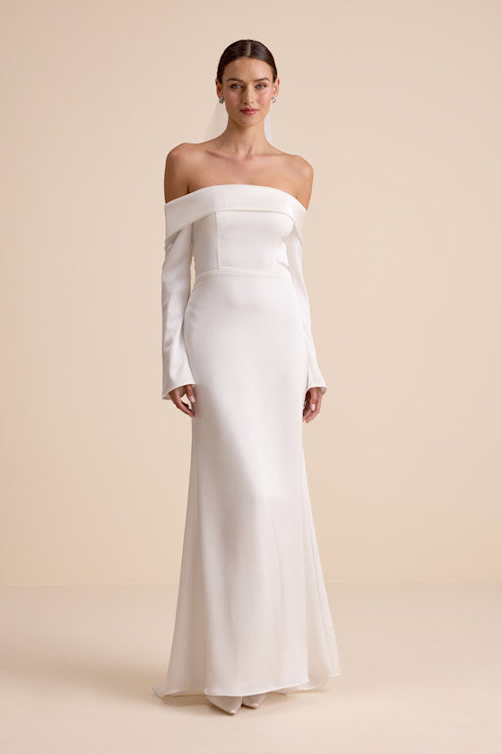 Saintclair White Satin Off-the-Shoulder Long Sleeve Maxi Dress #Color_White