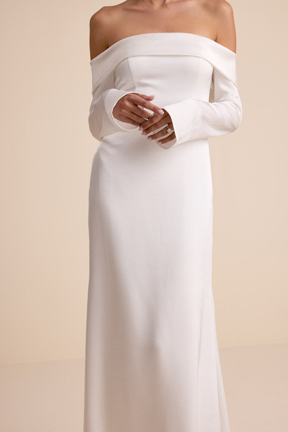 Saintclair White Satin Off-the-Shoulder Long Sleeve Maxi Dress #Color_White
