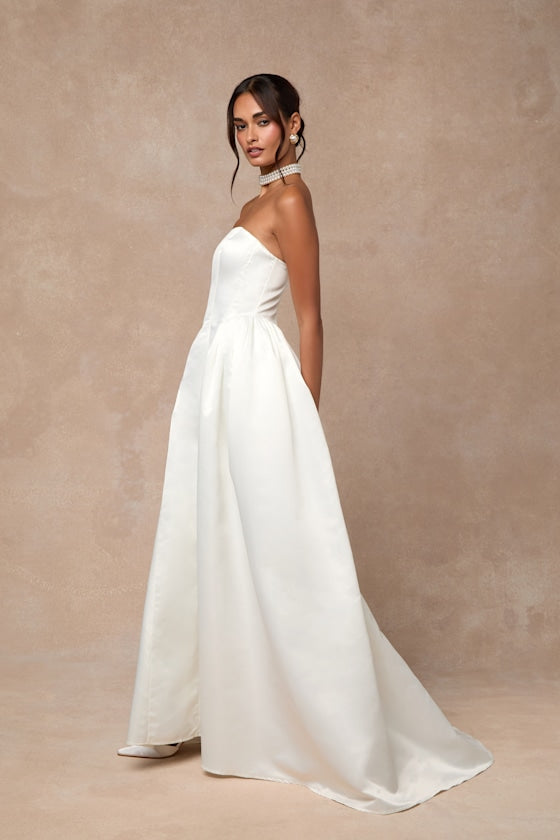 Bennett White Satin Strapless A-Line Maxi Dress #Color_White