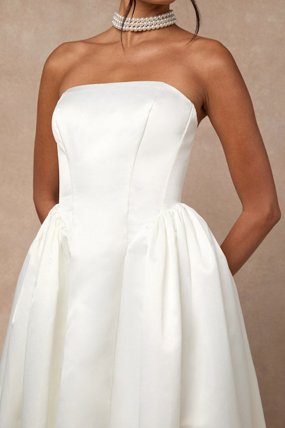 Bennett White Satin Strapless A-Line Maxi Dress #Color_White