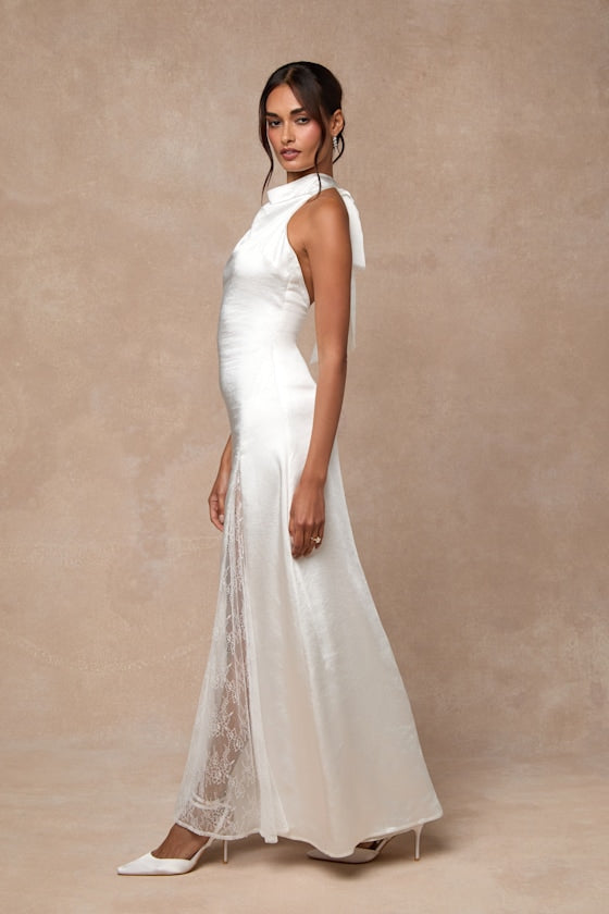 Concetta Ivory Satin Lace Halter Maxi Dress #Color_Ivory