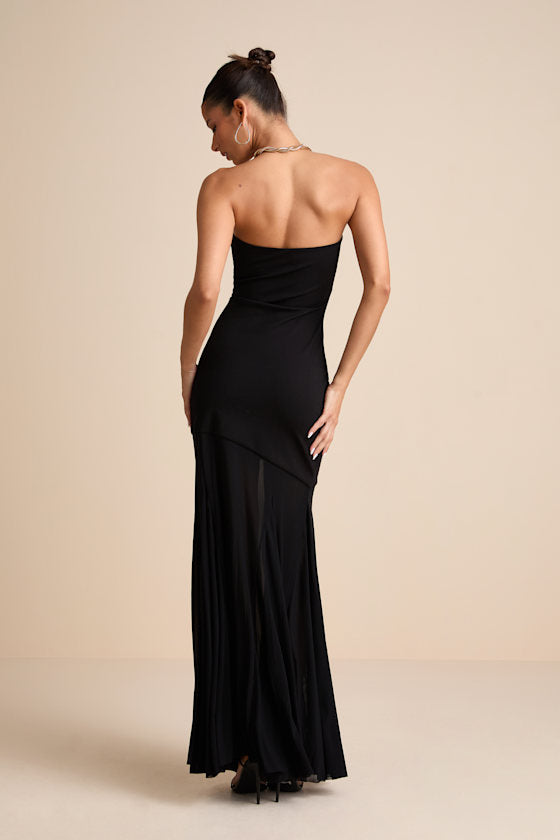 Elaris Black Mixed Media Strapless Maxi Dress #Color_Black