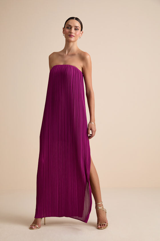 Yamuna Magenta Pleated Strapless Maxi Dress #Color_Magenta