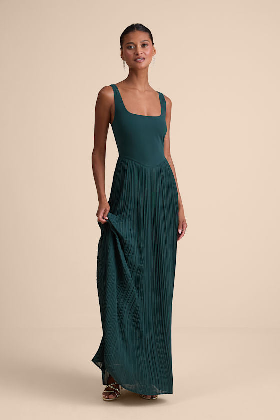 Naroah Plum Purple Square Neck Pleated Maxi Dress